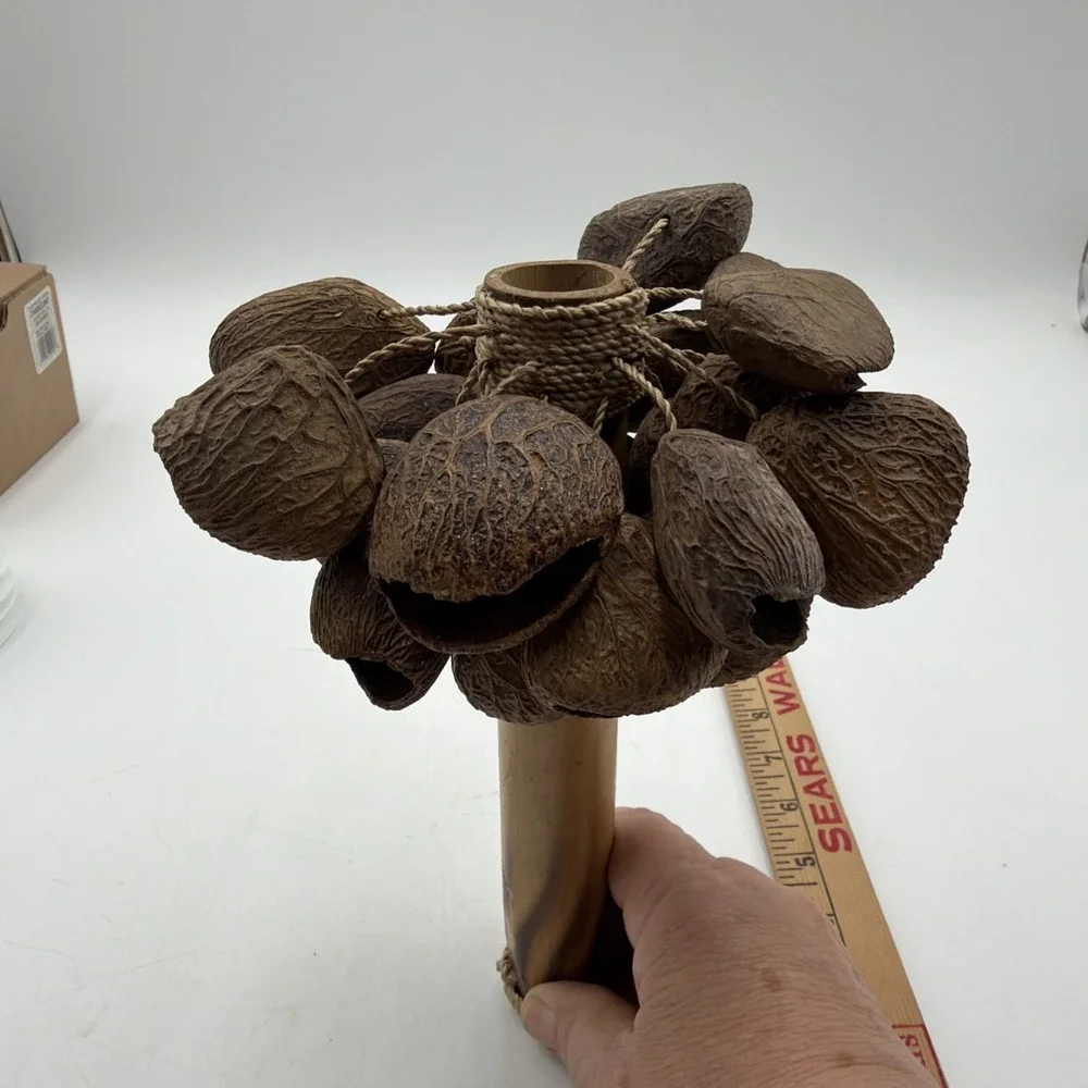 Vintage Natural Seed Pod Rattle Shaker Wooden Handle Percussion Instrument Folk